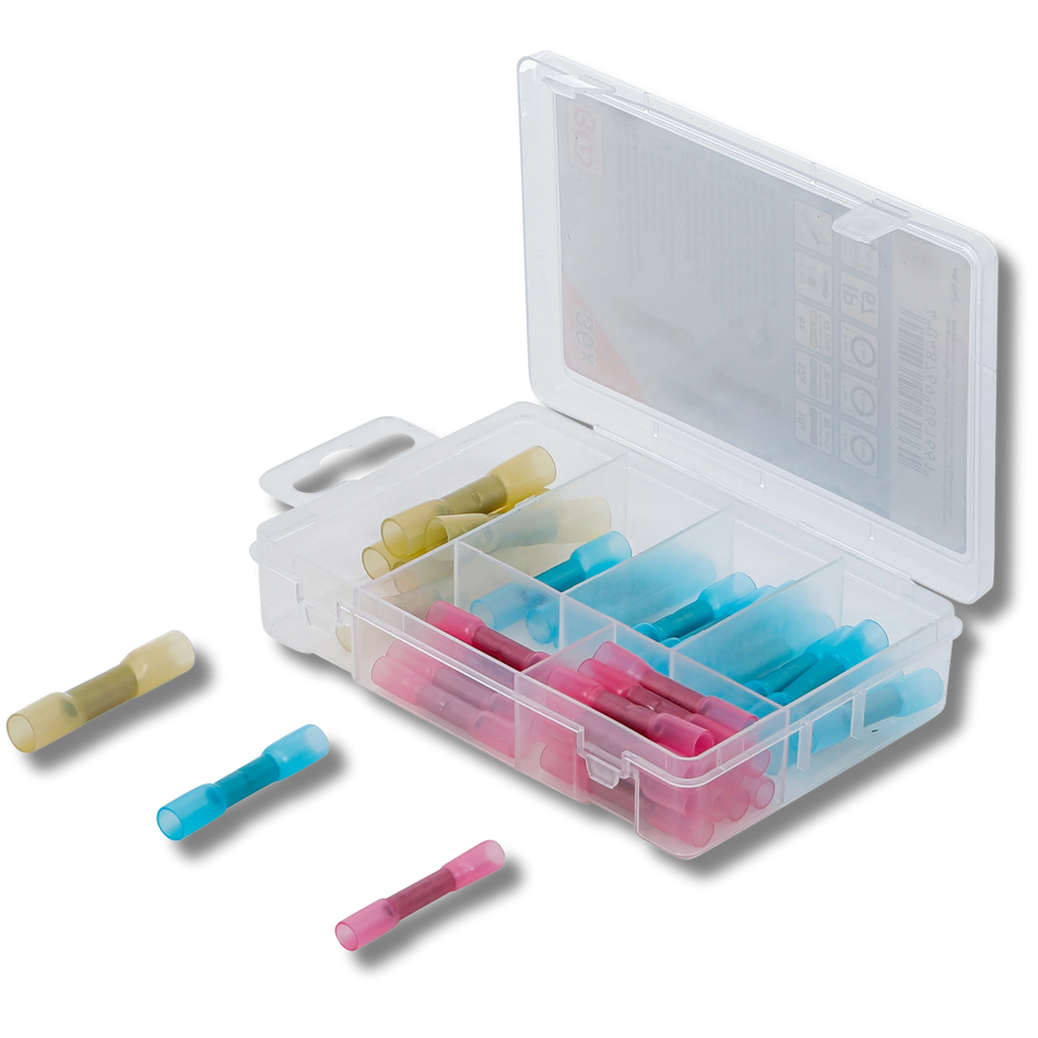 Bild einer Sortiments-Kiste mit Lötverbindern, fotografiert von schräg vorne