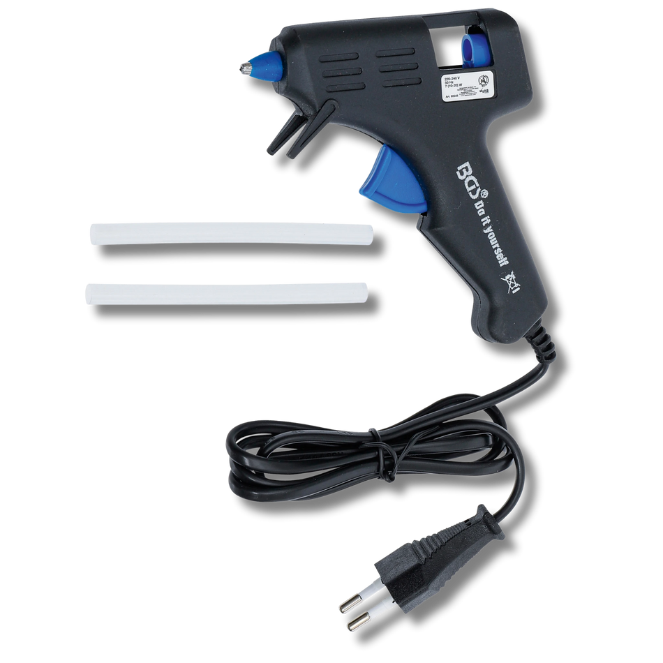 Bild einer Mini-Heißklebepistole mit zwei beiliegenden Heißklebepatronen, von der Seite fotografiert