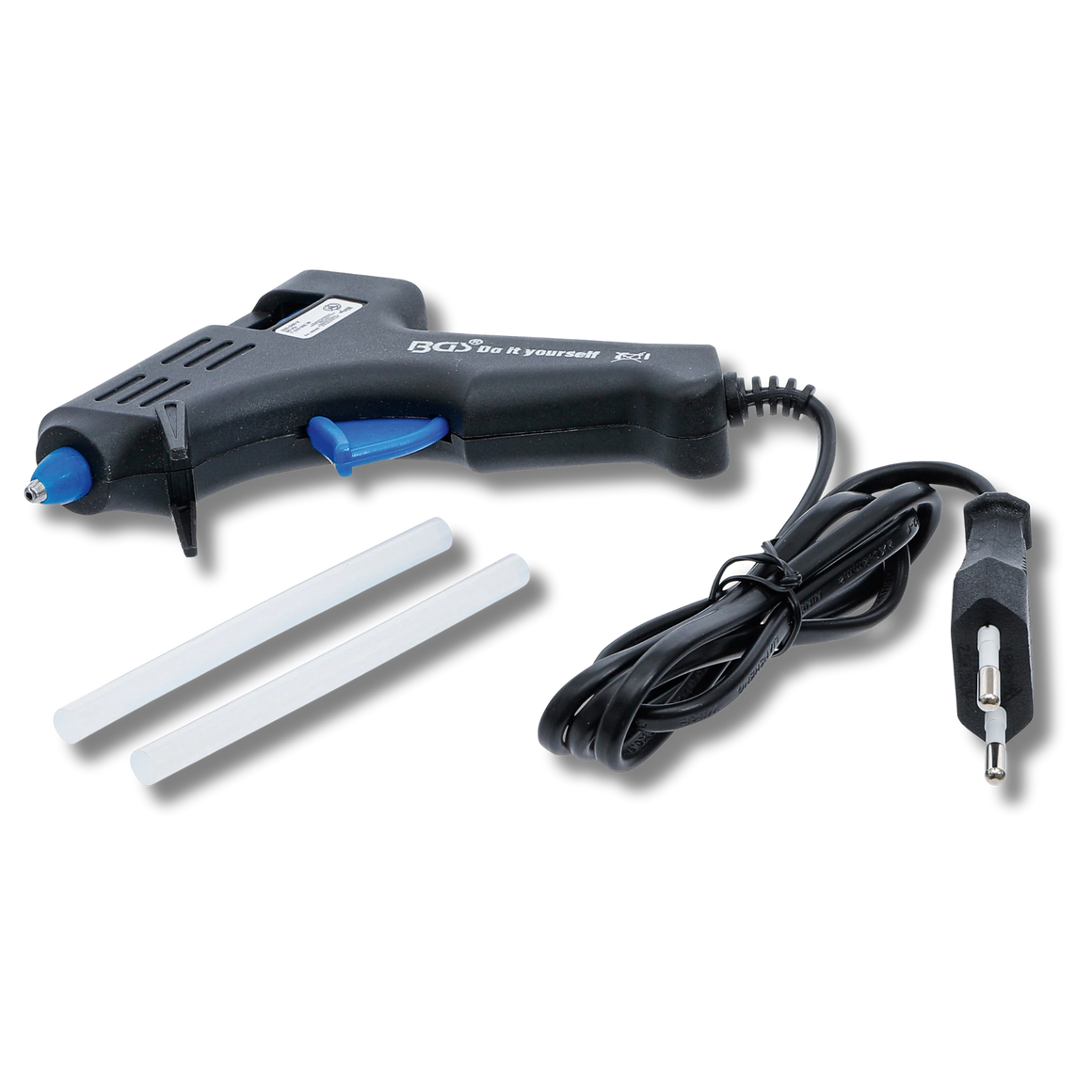 Bild einer Mini-Heißklebepistole mit zwei beiliegenden Heißklebepatronen, von vorne fotografiert