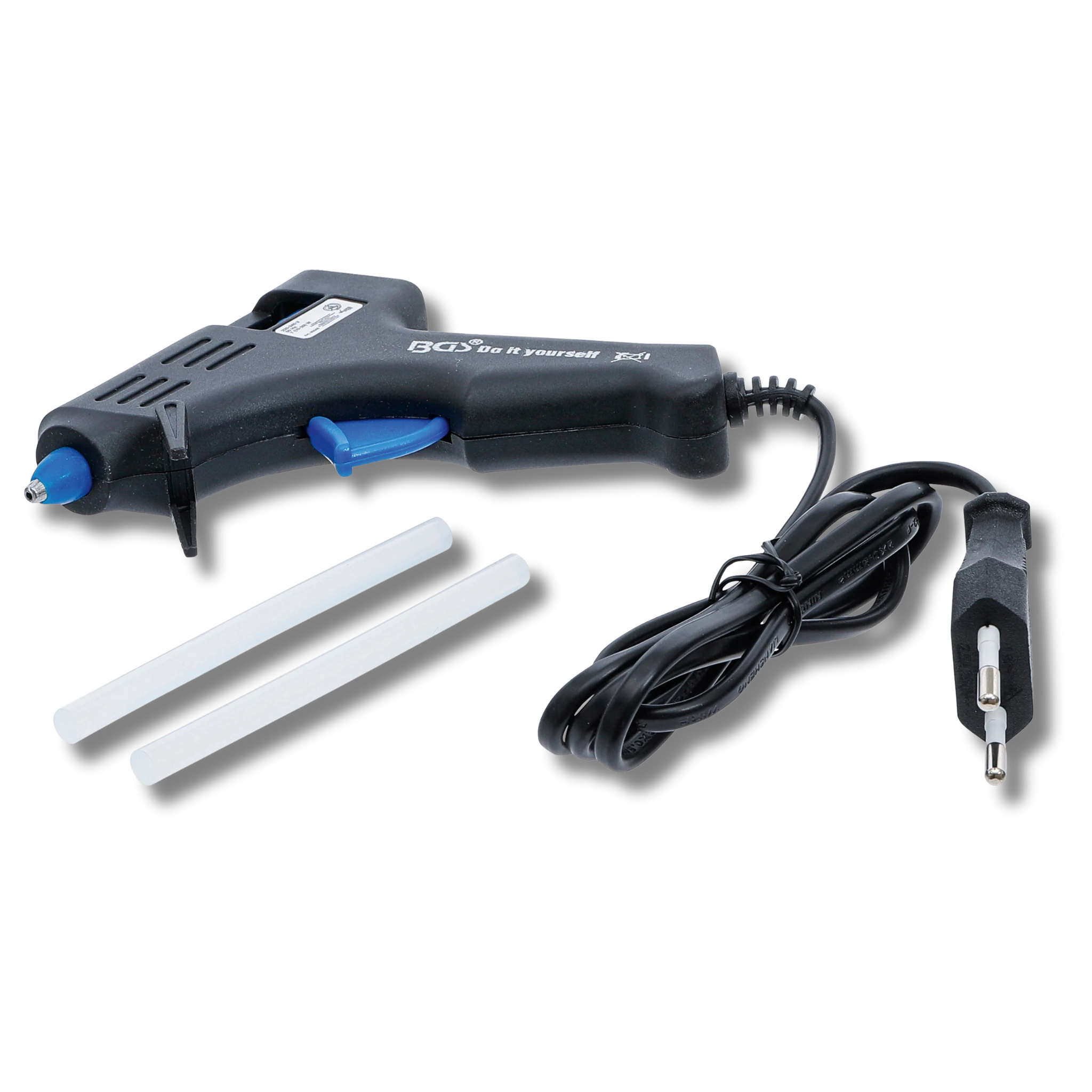 Bild einer Mini-Heißklebepistole mit zwei beiliegenden Heißklebepatronen, von vorne fotografiert