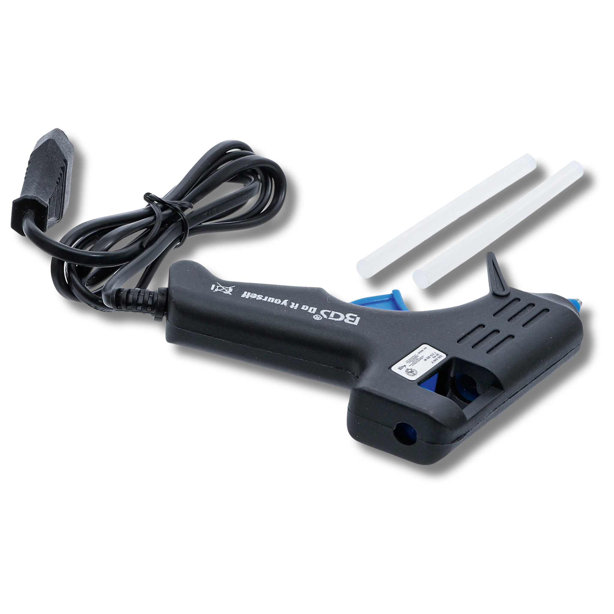 Bild einer Mini-Heißklebepistole mit zwei beiliegenden Heißklebepatronen, von hinten fotografiert