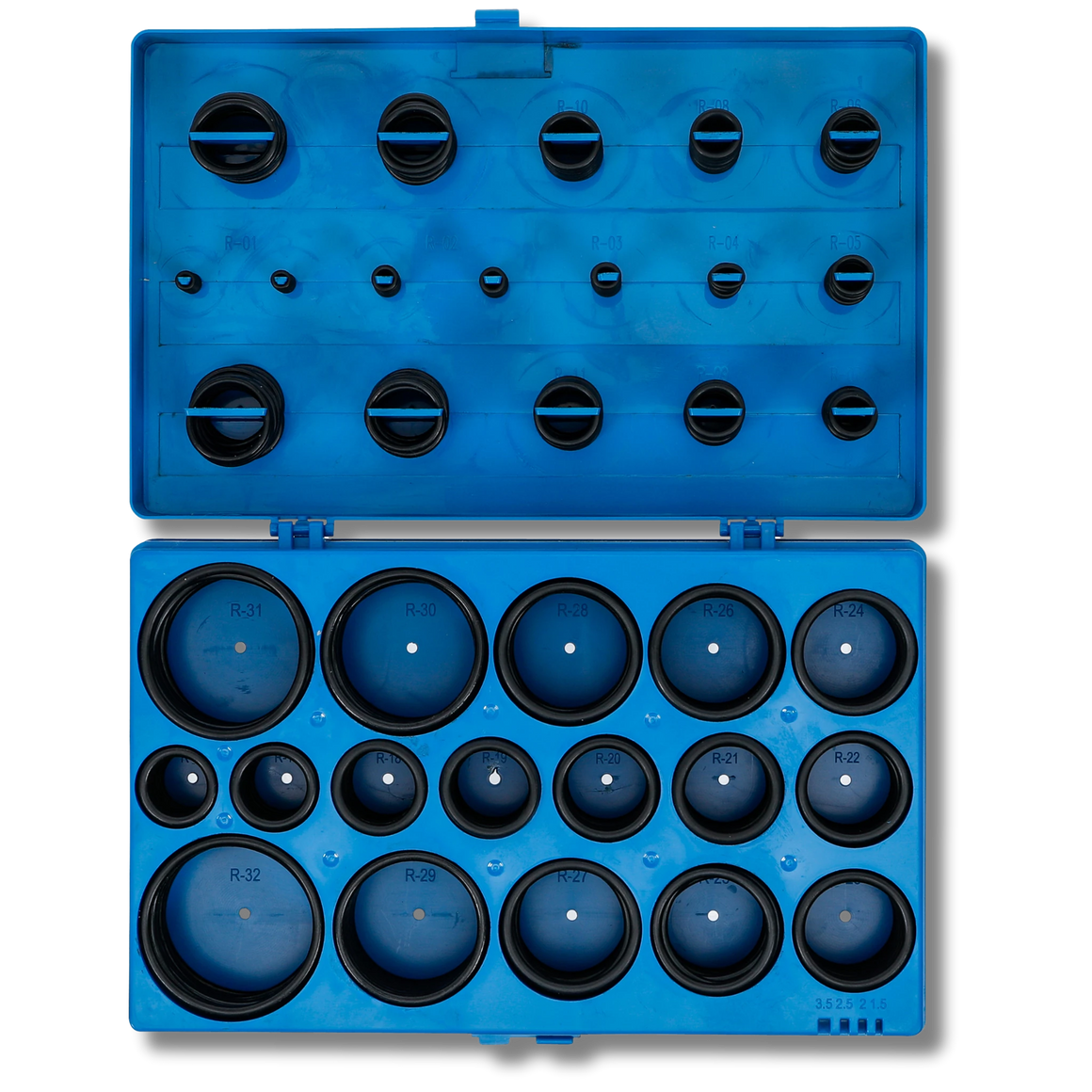 Bild einer Sortiments-Kiste mit metrischen O-Ringen, fotografiert von oben