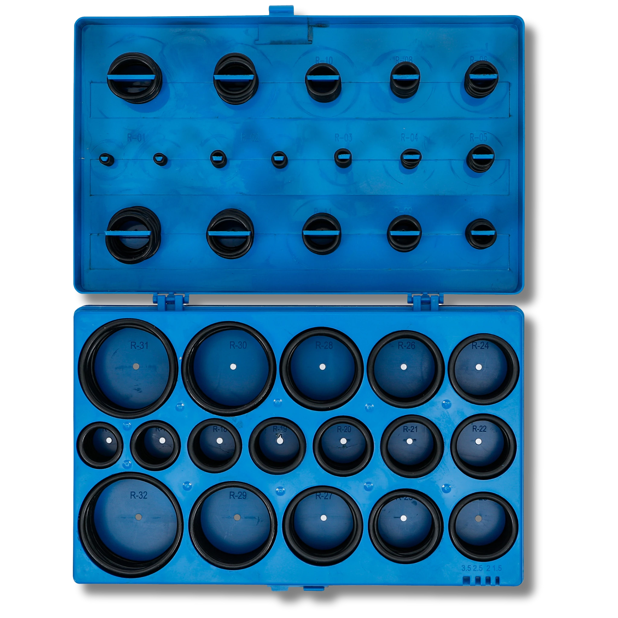 Bild einer Sortiments-Kiste mit metrischen O-Ringen, fotografiert von oben