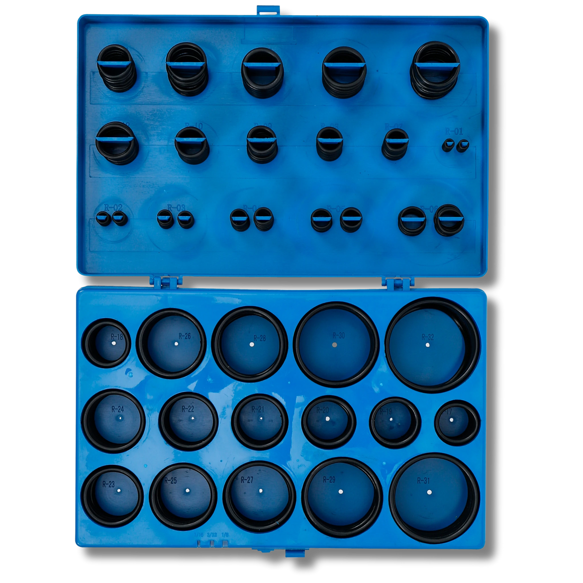 Bild einer Sortiments-Kiste mit zölligen O-Ringen, fotografiert von oben