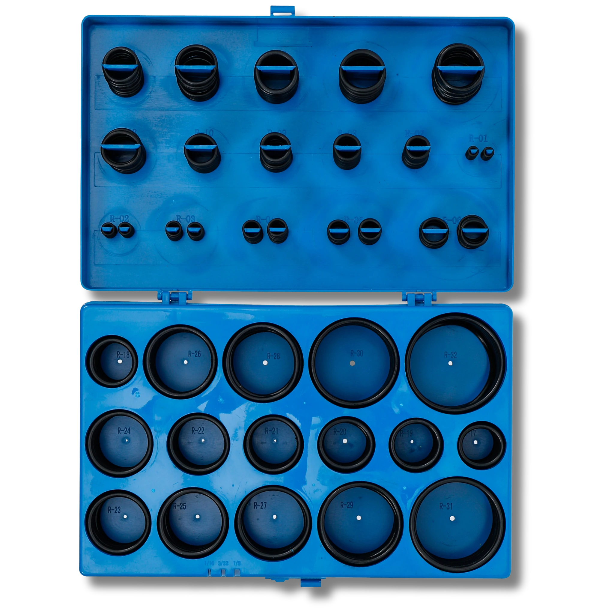 Bild einer Sortiments-Kiste mit zölligen O-Ringen, fotografiert von oben
