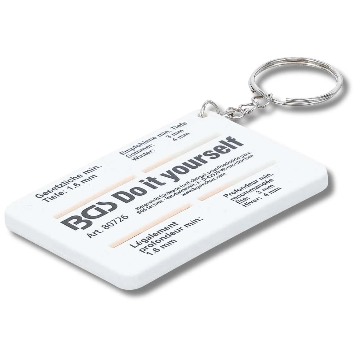 Bild der weißen Rückseite eines Profiltiefenmessers inkl. Empfehlung und gesetzliche Profiltiefe, von schräg vorne fotografiert