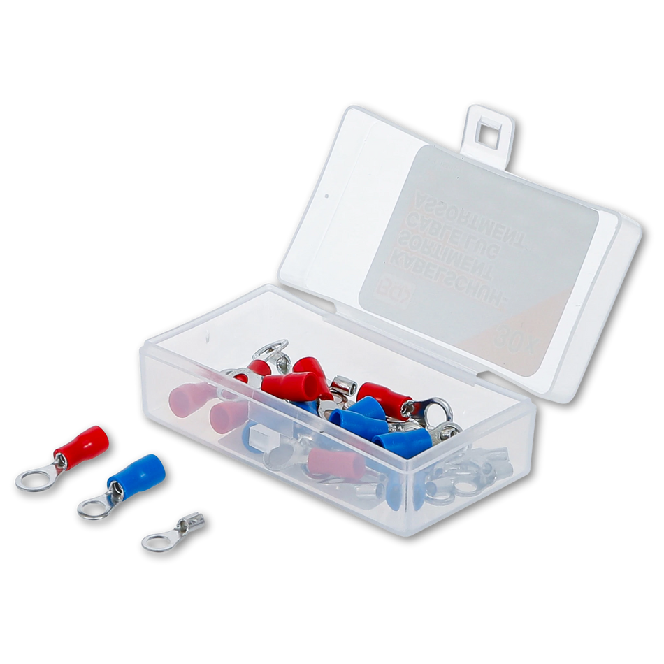 Bild einer Sortiments-Kiste mit Ringkabelschuhen, fotografiert von schräg vorne