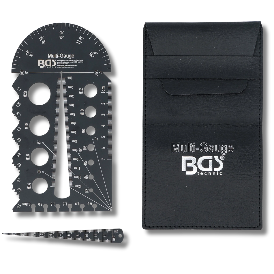 Bild einer metrischen Schrauben-und-Gewindeschablone inklusive ihrer Tasche, von oben fotografiert