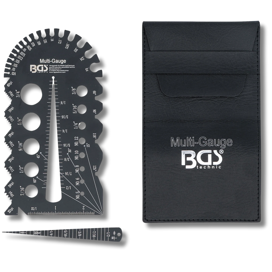 Bild einer Zoll-Schrauben-und-Gewindeschablone inklusive ihrer Tasche, von oben fotografiert