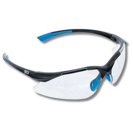 Bild einer Schutzbrille mit blau-schwarzen Bügeln von schräg vorne fotografiert
