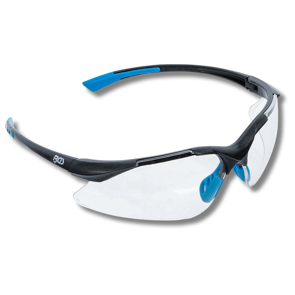 Bild einer Schutzbrille mit blau-schwarzen Bügeln von schräg vorne fotografiert
