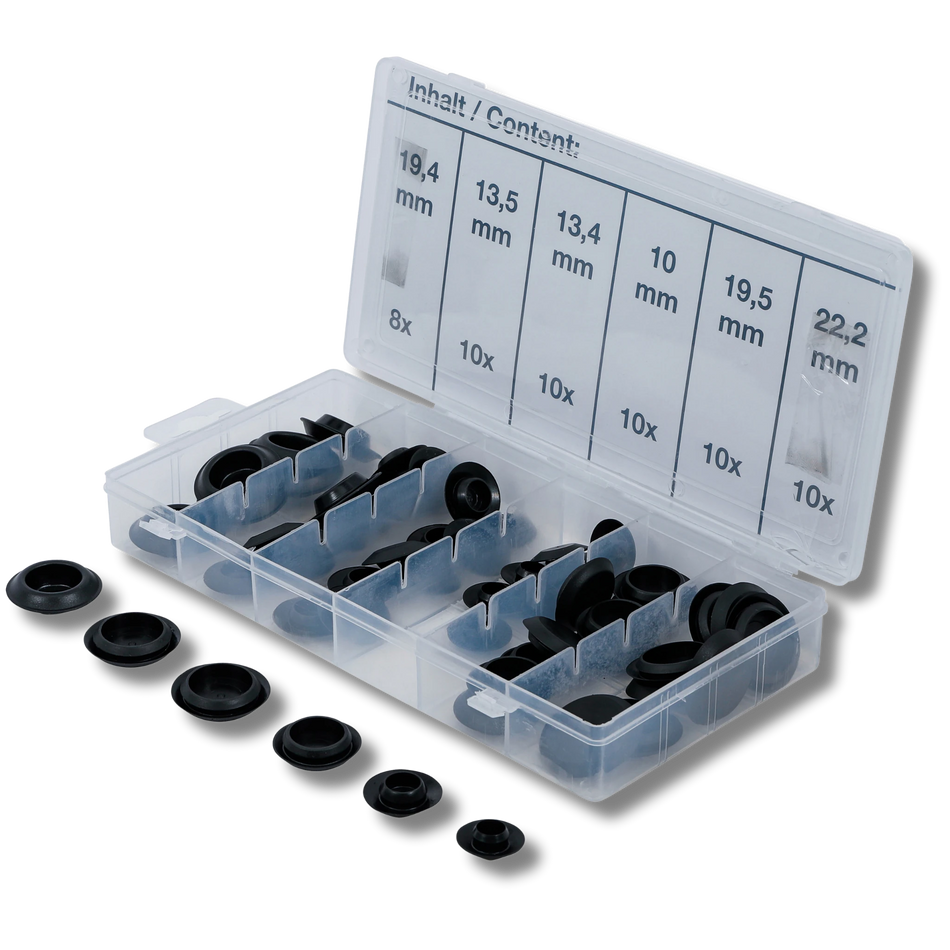 Bild einer Sortiments-Kiste mit Kunststoff-Stopfen, fotografiert von schräg vorne