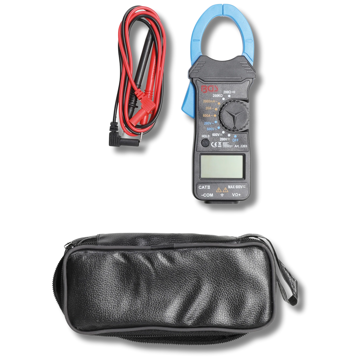 Bild eines Digitalzangen-Multimeter mit Tasche, fotografiert von oben