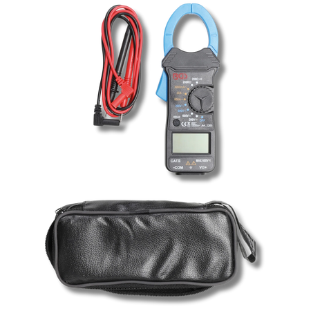 Bild eines Digitalzangen-Multimeter mit Tasche, fotografiert von oben