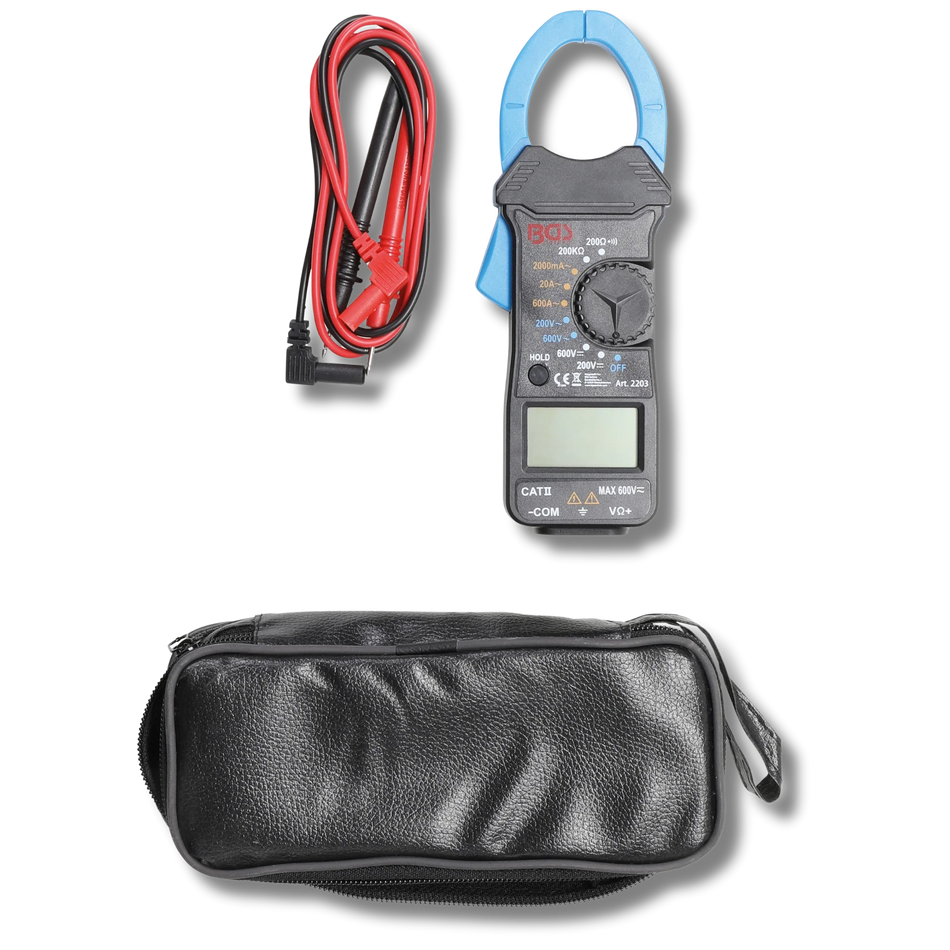 Bild eines Digitalzangen-Multimeter mit Tasche, fotografiert von oben