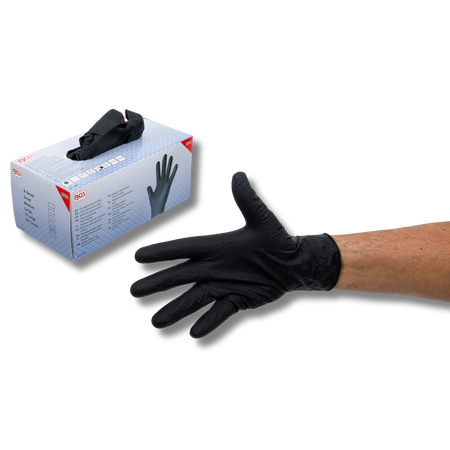 Bild einer Einweghandschuhbox mit Handschuhen der Größe XL und eine Hand, die einen der Handschuhe trägt