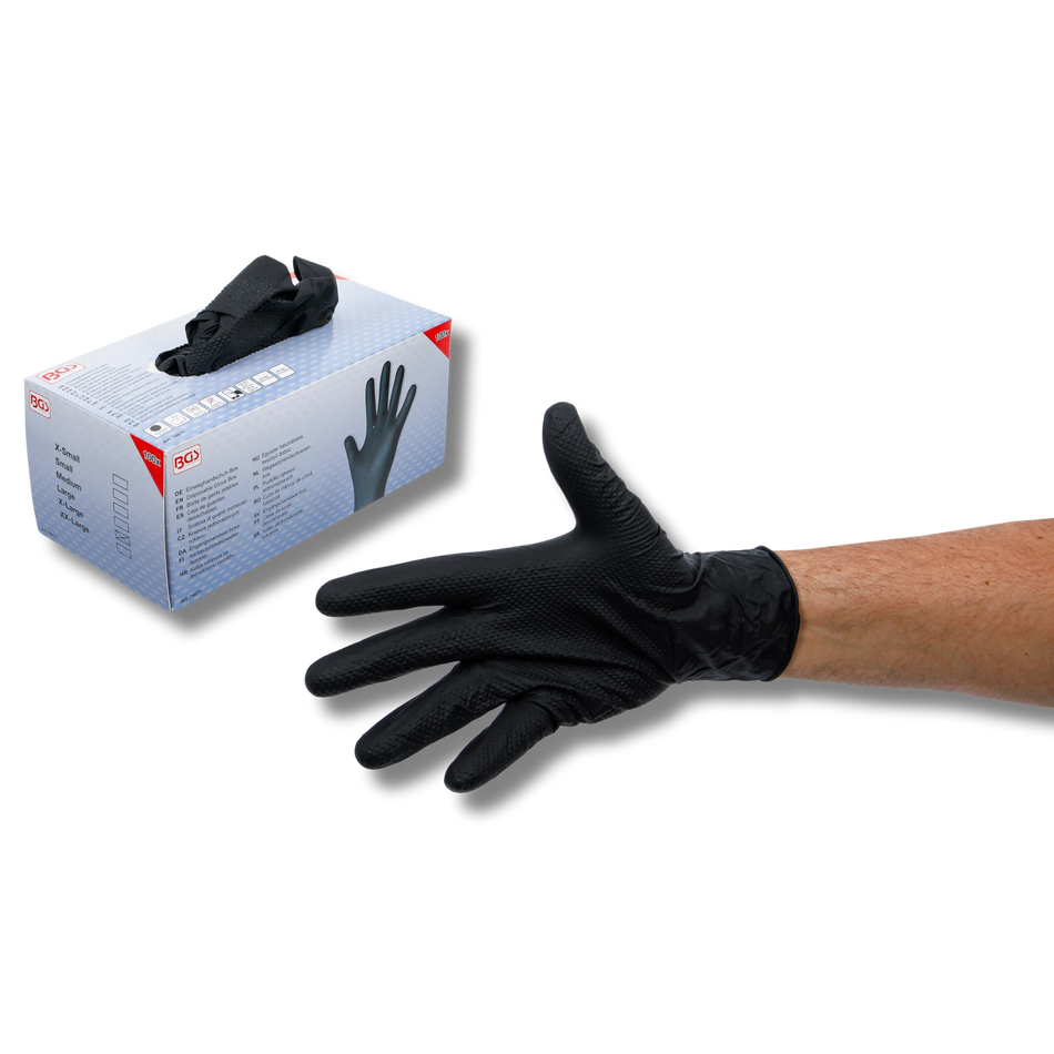 Bild einer Einweghandschuhbox mit Handschuhen der Größe XL und eine Hand, die einen der Handschuhe trägt