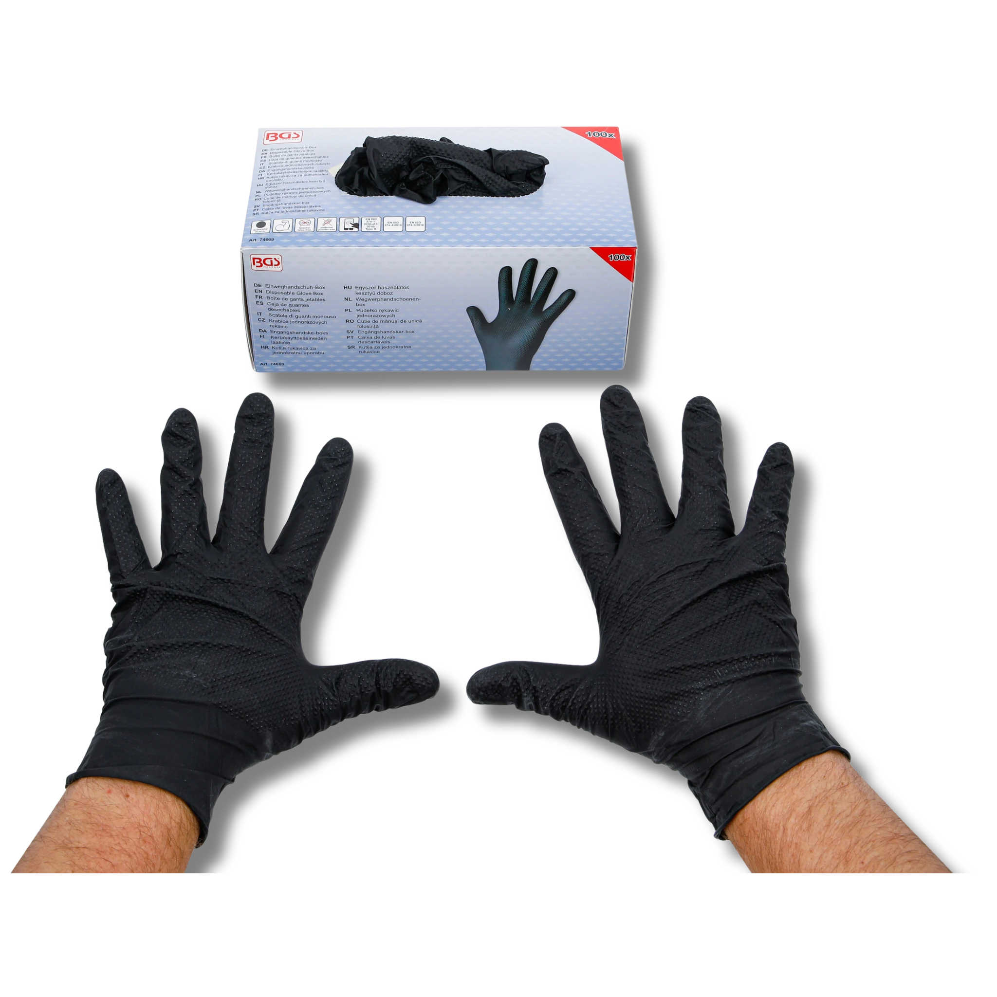Bild einer Einweghandschuhbox mit Handschuhen und zwei Hand, die die Handschuhe tragen
