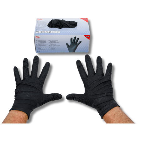 Bild einer Einweghandschuhbox mit Handschuhen und zwei Hand, die die Handschuhe tragen